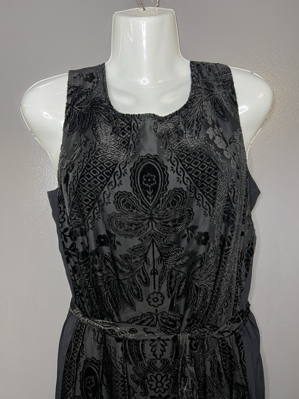 Mystree Dress Womens Medium Black Burnout Velvet Paisley Belted Maxi Formal